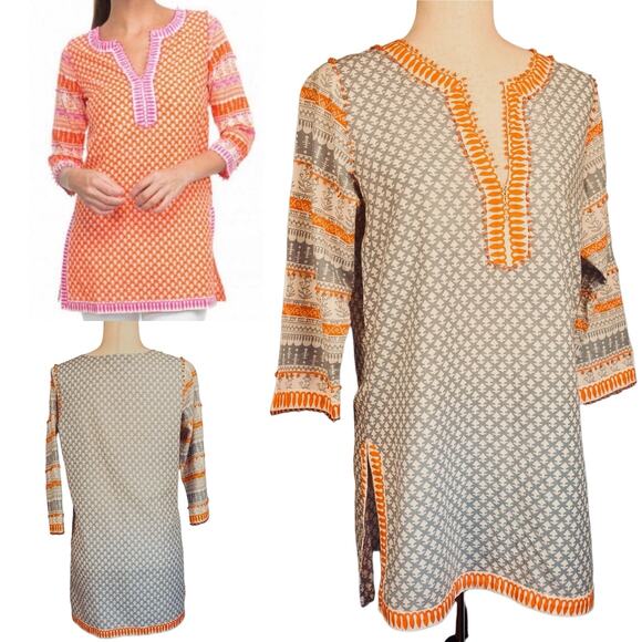 Gretchen Scott Beaded Cotton Batik Tunic Top Blouse Blue Orange Medium - Picture 1 of 8